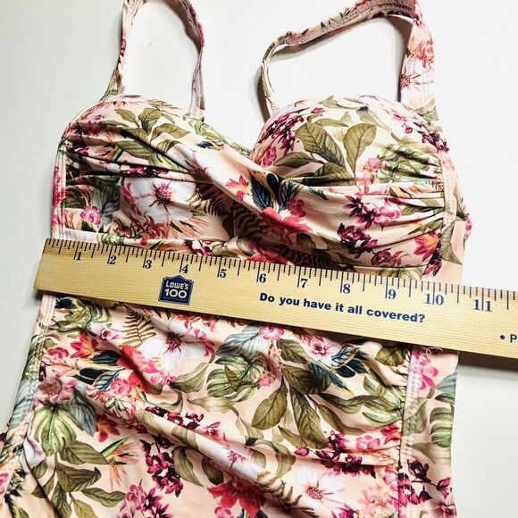 Nip Tuck One Piece Swimsuit Pink With Floral Pattern Ruched Sides - Picture 3 of 7